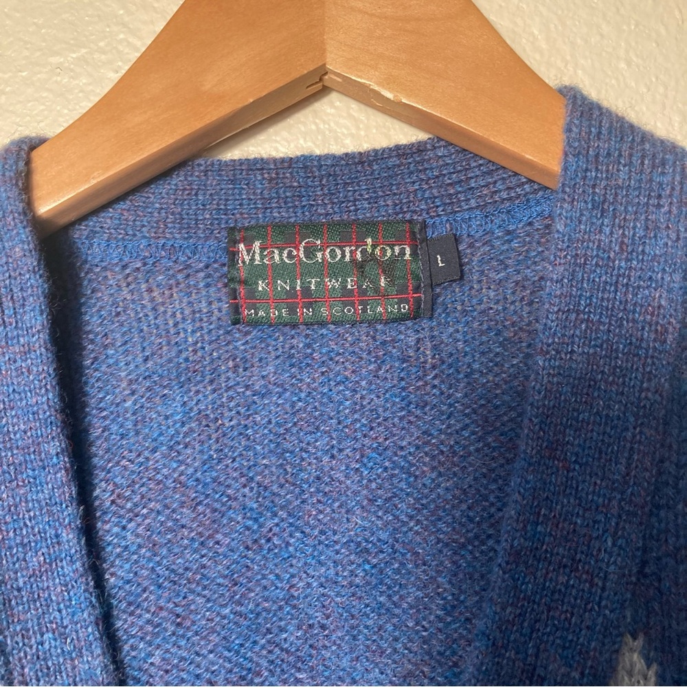 Made in Scotland Pure Wool Blue and Gray Argyle Cardigan *Flaws/ Distressed - Picture 2 of 10